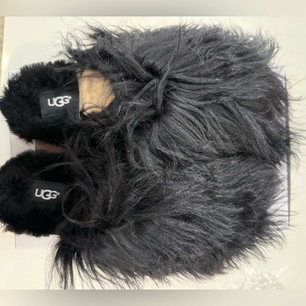 Ugg Black Fluff Momma Mongolian Clog Shag Slippers